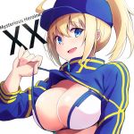  1girl :d ahoge artoria_pendragon_(all) baseball_cap bikini_top blonde_hair blue_eyes blue_headwear breasts character_name commentary_request eyebrows_visible_through_hair fate/grand_order fate_(series) hair_through_headwear hat karaage_bou large_breasts long_sleeves looking_at_viewer mysterious_heroine_xx_(foreigner) open_mouth ponytail short_hair shrug_(clothing) sidelocks smile solo white_bikini_top 