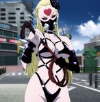  1girl bare_shoulders black_sclera blonde_hair bondage_outfit breasts cleavage collar facial_mark flower forehead_mark gloves hair_ornament heart heart_ring heart_ring_top highres kaijin_hime_do-s large_breasts long_hair mask navel o-ring one-punch_man red_eyes revealing_clothes screencap spiked_collar spikes stitched third-party_edit whip wide_hips 