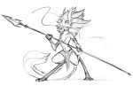  anthro breasts chest_tuft clothed clothing collar female fur hair holding_object holding_weapon leaning long_hair mammal melee_weapon monochrome nipples nude out-of-placers polearm simple_background sketch small_breasts smile solo spear standing tail_fluff topless tuft watsup weapon webcomic white_background yinglet 