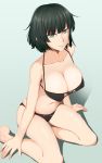  1girl barefoot bikini breasts cleavage collarbone fubuki_(one-punch_man) green_eyes green_hair highres kneeling large_breasts navel one-punch_man shaito short_hair swimsuit thick_thighs thighs wide_hips 