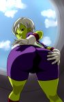  1girl :d anus ass bent_over bike_shorts bodysuit cameltoe cheelai chirai dragon_ball dragon_ball_(classic) dragon_ball_super_broly from_behind gloves green_skin highres huge_ass looking_back naughty_face open_mouth phobosmarsone purple_eyes pussy short_hair smile solo spread_ass white_hair 
