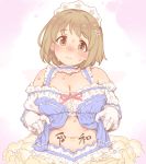  1girl 7010 bangs blush body_writing breasts brown_eyes brown_hair cleavage collarbone detached_collar detached_sleeves eyebrows_visible_through_hair flower frilled gloves hair_flower hair_ornament headdress idolmaster idolmaster_cinderella_girls large_breasts looking_at_viewer mimura_kanako navel plump short_hair simple_background solo stomach sweat translation_request upper_body white_gloves 