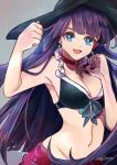  1girl bangs bare_shoulders bikini black_bikini_top blue_eyes blunt_bangs breasts choker cleavage collarbone cross earrings fate/grand_order fate_(series) frilled_bikini frills hachimitsu_monte hat jewelry large_breasts latin_cross long_hair looking_at_viewer navel open_mouth purple_hair saint_martha saint_martha_(swimsuit_ruler)_(fate) sarong signature smile solo straight_hair sun_hat swimsuit 