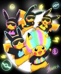  2018 3_toes 5_fingers afro ambiguous_gender black_eyes black_nose bottomless cheek_spots clothed clothing crossed_arms dipstick_ears eyewear glowing group harara hi_res looking_at_viewer mammal multicolored_ears neon nintendo open_mouth open_smile pikachu pok&eacute;mon pok&eacute;mon_(species) rave red_cheeks rodent signature simple_background smile sunglasses toes video_games yellow_body 