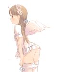  1girl ass bangs blue_bow blush bow braid brown_eyes brown_hair closed_mouth dress eyebrows_visible_through_hair feathered_wings flower hair_bow hair_flower hair_ornament kokudou_juunigou long_hair looking_at_viewer looking_to_the_side original panties panty_pull profile short_dress simple_background solo thighhighs underwear very_long_hair white_background white_dress white_flower white_legwear white_panties white_wings wings 