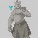  2018 aikho anthro belt clothing collar ear_piercing greyscale kilt licantrox looking_at_viewer male mammal mohawk monochrome muscular nipple_piercing nipples piercing selfie slightly_chubby smile solo ursid 