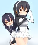  2girls :d ;) bangs black_hair blue_background blush brown_eyes brown_hair commentary drawstring dress eyebrows_visible_through_hair gentoo_penguin_(kemono_friends) gradient gradient_background hair_between_eyes hands_together headphones highres holding holding_microphone humboldt_penguin_(kemono_friends) jacket kemono_friends looking_at_viewer microphone multicolored_hair multiple_girls one_eye_closed open_mouth own_hands_together panties penguin_tail pink_hair shin01571 skirt smile streaked_hair tail turtleneck underwear white_dress white_jacket white_panties white_skirt 