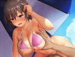  1boy 1girl :d beach_umbrella bikini_top blush bottomless breast_grab breasts brown_hair cowgirl_position cum day eyebrows_visible_through_hair grabbing hair_tucking large_breasts navel nipples open_mouth original outdoors pink_bikini_top pink_eyes sawada_yuusuke sex short_hair smile straddling sweat umbrella 