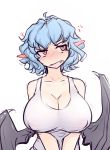  1girl alternate_breast_size anger_vein bangs bare_shoulders bat_wings blue_hair blush breasts cleavage commentary english_commentary erect_nipples eyebrows_visible_through_hair fangs hater_(hatater) large_breasts looking_to_the_side no_hat no_headwear no_nose nose_blush open_mouth pointy_ears red_eyes remilia_scarlet short_hair simple_background solo tank_top touhou upper_body v_arms white_background white_tank_top wings 