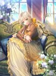  1girl bangs blonde_hair copyright_name couch dress flower green_eyes hair_ornament highres interitio long_hair looking_at_viewer official_art open_mouth original sid_story sitting smile solo twitter_username yellow_dress 
