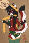  2018 android anthro ara bell black_fur black_hair blue_eyes breasts butt clothed clothing cybernetics cyborg dialogue domestic_cat english_text felid feline felis female fluff-kevlar fur furgonomics hair holding_tail holidays machine mammal multicolored_fur new_year panties red_fur robot simple_background solo standing text underwear white_fur 