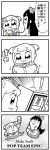  ! 2girls 4koma :3 arm_up bangs bkub book bow clenched_hands comic commentary emphasis_lines english_text eyebrows_visible_through_hair eyes_closed greyscale hair_bow hair_ornament hair_scrunchie halftone highres holding holding_book holding_money long_hair midair money monochrome motion_lines multiple_girls neckerchief pipimi poptepipic popuko sailor_collar school_uniform scrunchie serafuku shoes short_hair short_twintails sidelocks simple_background skirt smile speech_bubble spoken_exclamation_mark talking translation_request twintails two_side_up white_background 