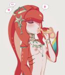  1boy 1girl blush breasts cum cum_in_mouth erection eyes_closed fellatio fish_girl gills mipha nintendo nipples nude oral penis red_skin small_breasts the_legend_of_zelda the_legend_of_zelda:_breath_of_the_wild 