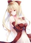  1girl bare_shoulders blonde_hair bow breast_hold breasts closed_mouth detached_sleeves dress eyebrows_visible_through_hair granblue_fantasy hair_bow large_breasts long_hair looking_to_the_side ponytail red_bow red_eyes solo strapless strapless_dress very_long_hair vira_lilie yue_(pixiv2547) 