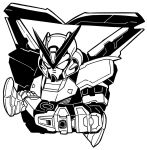  bkub commentary greyscale gundam gundam_astray_red_frame gundam_astray_red_frame_kai gundam_seed gundam_seed_astray gundam_seed_vs_astray hand_on_hilt high_contrast looking_at_viewer mecha monochrome no_humans sheath sheathed simple_background upper_body white_background 