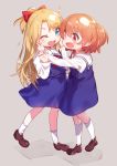  2girls blonde_hair blue_dress blue_eyes bow brown_eyes brown_hair child dress eyebrows_visible_through_hair face-to-face fang female full_body hair_bow hands_on_another&#039;s_face himesaka_noa hoshino_hinata kneehighs long_hair long_sleeves multiple_girls one_eye_closed open_mouth ponytail ribbon school_uniform shirt shoes short_hair side_ponytail simple_background smile socks tousaki_shiina watashi_ni_tenshi_ga_maiorita! white_legwear white_shirt white_sleeves 