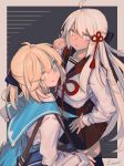  2girls ahoge alternate_costume bag black_ribbon black_skirt blonde_hair blue_bag blue_skirt closed_mouth dark_skin fate/grand_order fate_(series) grey_eyes hair_between_eyes hair_ribbon holding koha-ace lanzi_(415460661) long_hair looking_at_viewer multiple_girls okita_souji_(alter)_(fate) okita_souji_(fate) okita_souji_(fate)_(all) open_eyes red_ribbon ribbon school_bag school_uniform short_hair signature skirt smile white_hair yellow_eyes 