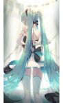 1girl arms_behind_back elbow_gloves from_behind gloves green_hair hatsune_miku highres long_hair miku_symphony_(vocaloid) seol skirt solo thighhighs twintails very_long_hair vocaloid white_legwear 