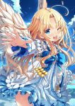  1girl ;d ahoge bangs blonde_hair blue_bow blue_eyes blue_sky blush bow cloud commentary_request day dress eyebrows_visible_through_hair feathered_wings firo_(tate_no_yuusha_no_nariagari) long_hair long_sleeves one_eye_closed open_mouth outdoors parted_bangs pixiv_id round_teeth sky smile solo tate_no_yuusha_no_nariagari teeth twitter_username upper_teeth very_long_hair white_dress white_wings wings xephonia 