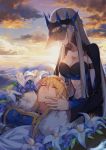  2girls ahoge artoria_pendragon_(all) artoria_pendragon_(lancer) blonde_hair blue_flower breasts cape cleavage cloud collarbone eyes_closed fate/apocrypha fate/grand_order fate_(series) flower frown fur_trim hair_between_eyes highres incest lap_pillow large_breasts leaf lily_(flower) long_hair long_sleeves morgan_le_fay_(fate) multiple_girls siblings sisters sunset tattoo upper_body veil very_long_hair white_cape white_flower wide_sleeves yorukun yuri 