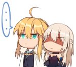  ... 2girls ahoge alternate_costume artoria_pendragon_(all) artoria_pendragon_(lancer) bangs bare_shoulders black_dress blonde_hair braid breasts cape chibi cleavage collared_shirt detached_sleeves dress expressionless eyebrows_visible_through_hair fate/apocrypha fate/grand_order fate_(series) french_braid fur_trim green_neckwear hair_between_eyes lipstick long_hair makeup morgan_le_fay_(fate) multiple_girls shaded_face shirt siblings sisters spoken_ellipsis tattoo white_background white_cape yorukun 
