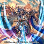  1boy 1girl armor armored_boots bangs blonde_hair blue_eyes boots building clair_(overhit) closed_mouth day full_armor gauntlets hair_between_eyes holding holding_sword holding_weapon legs_up long_hair looking_at_viewer makimura_shunsuke official_art outdoors overhit scar shoulder_armor solo sword watermark weapon 