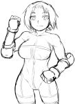  1girl bare_shoulders breasts cleavage closed_mouth commentary_request final_fantasy final_fantasy_tactics gloves large_breasts looking_at_viewer monk_(fft) monochrome short_hair simple_background sketch solo tsukudani_(coke-buta) unitard white_background 