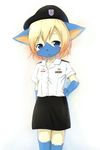  :&lt; animal_crossing blonde_hair blue_eyes blush doubutsu_no_mori furry hand_on_hip hat hips ka_(pixiv341010) kagerofu loli looking_at_viewer military military_uniform mitzi naval_outfit nintendo officer simple_background skirt standing uniform 