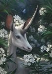  2019 ambiguous_gender blue_eyes detailed_background digital_media_(artwork) dschunai equid flower horn mammal plant smile solo unicorn 