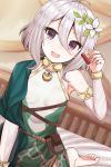  1girl arm_up armpits bed blurry blurry_background breasts cape commentary_request flower grey_hair hair_flower hair_ornament highres holding jewelry kneeling kokkoro_(princess_connect!) leaf_hair_ornament looking_at_viewer masa_masa neck_ring no_shoes open_mouth pointy_ears pouch pov princess_connect! princess_connect!_re:dive purple_eyes short_hair small_breasts solo stamp_mark 
