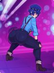  1girl artist_name ass ass_shake blue_hair blue_lipstick blue_shirt blush fingerless_gloves gloves hair_between_eyes hand_on_own_knee hat highres lipstick looking_back makeup motion_lines persona persona_4 persona_4:_dancing_all_night purple_eyes shirogane_naoto shirt shoes short_hair solo squatting suspenders zoe_stanley 