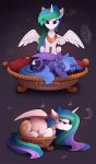  2019 ?! angry blue_hair comic digital_media_(artwork) duo equid eyes_closed feathered_wings feathers female feral friendship_is_magic hair horn mammal multicolored_hair my_little_pony princess_celestia_(mlp) princess_luna_(mlp) purple_eyes simple_background sleeping smile winged_unicorn wings yakovlev-vad 