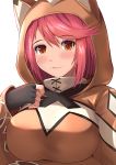  1girl :3 alternate_costume animal_ears animal_hood bangs blush breasts cloak closed_mouth eyebrows_visible_through_hair fingerless_gloves gloves hand_on_own_chest highres homura_(xenoblade_2) hood hood_up hoodie kanzaki_kureha large_breasts lips looking_at_viewer nintendo red_hair short_hair simple_background smile solo swept_bangs white_background xenoblade_(series) xenoblade_2 