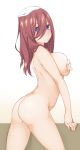  1girl artist_request ass back bangs blue_eyes blush breasts covering covering_breasts go-toubun_no_hanayome hair_between_eyes hinata_masaki large_breasts looking_at_viewer nakano_miku nude red_hair simple_background solo standing towel towel_on_head white_background white_towel 