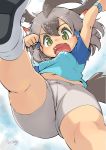  1girl absurdres arm_up banubeefriends bare_arms bare_legs bike_shorts bird_tail breasts clothes_writing cloud cloudy_sky commentary_request crotch_seam day erect_nipples eyebrows_visible_through_hair foreshortening from_below gluteal_fold greater_roadrunner_(kemono_friends) green_eyes grey_hair hair_between_eyes hair_ornament hair_tubes hand_up highres kemono_friends looking_at_viewer looking_down medium_hair multicolored_hair navel open_mouth outdoors shirt shoe_soles shoes short_sleeves shorts sky small_breasts solo star stomach upshirt 