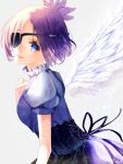  1girl angel_wings blue_eyes breasts chrome_dokuro closed_mouth commentary_request corset dress eyepatch katekyo_hitman_reborn! looking_at_viewer purple_hair short_hair smile solo toki_runa wings 