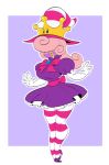  1girl breasts curly_hair dress elbow_gloves full_body gloves hair_over_eyes hat high_heels large_breasts long_hair mario_(series) nintendo pink_hair purple_skin short_dress slb solo standing striped striped_hat striped_legwear super_crown super_mario_bros. thighhighs vivian vivian_(paper_mario) witch_hat yellow_lips 