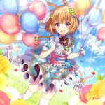  1girl :d absurdres animal_ears balloon bangs blue_bow blue_sky blush bow braid breasts brown_hair bunny_ears center_frills checkered checkered_skirt cloud cloudy_sky clover_hair_ornament commentary_request day dutch_angle eyebrows_behind_hair flower four-leaf_clover_hair_ornament frills gloves grass hair_bow hair_ornament half_gloves highres holding holding_balloon horizon huge_filesize ichiren_namiro long_hair looking_at_viewer open_mouth original outdoors pennant puffy_short_sleeves puffy_sleeves red_eyes red_flower round_teeth shirt short_sleeves skirt sky small_breasts smile solo sparkle standing string_of_flags sunlight teeth thighhighs twin_braids upper_teeth white_flower white_gloves white_legwear white_shirt windmill yellow_flower 
