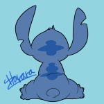  1:1 2017 alien back_markings blue_background blue_claws blue_fur claws disney experiment_(species) fur harara head_tuft hi_res lilo_and_stitch markings notched_ear nude occipital_markings rear_view simple_background sitting small_tail stitch toe_claws tuft 