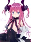  1girl absurdres ahoge bangs black_dress black_ribbon blue_eyes blush breasts closed_mouth curly_hair dragon_horns dress elizabeth_bathory_(fate) elizabeth_bathory_(fate)_(all) eyebrows_visible_through_hair fate/extra fate/extra_ccc fate_(series) gijxgij hair_between_eyes hair_ribbon hand_on_hip highres horns long_hair looking_at_viewer pink_hair ribbon simple_background sketch small_breasts solo two_side_up very_long_hair white_background 