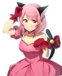  1girl animal_ears bang_dream! bangs bell bow breasts cat_ears cat_tail cleavage detached_sleeves dress gloves harusawa jingle_bell long_hair looking_at_viewer maruyama_aya medium_breasts paw_pose pink_collar pink_dress pink_eyes pink_hair red_bow red_gloves simple_background smile solo strapless strapless_dress tail tail_bell tail_bow tokyo_mew_mew white_background 