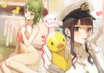  2girls ahoge bangs bath blunt_bangs blush breasts brown_hair eyelashes female_admiral_(kantai_collection) gloves green_eyes green_hair hat heart highres holding jewelry kantai_collection lips long_hair looking_at_viewer military military_hat military_uniform mole mole_under_mouth multiple_girls navel nude open_mouth piza_rokumai ring rubber_duck sitting towel translation_request uniform upper_body white_gloves yuugumo_(kantai_collection) 