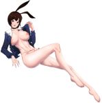  1girl absurdres akchu animal_ears bare_legs blade_&amp;_soul blue_shirt breasts brown_hair bunny_ears choker feet highres large_breasts legs looking_at_viewer lying nipples on_back open_clothes open_shirt original red_eyes shirt short_hair solo star_tattoo stitches tattoo thighs 