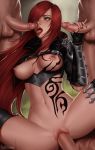  1girl areolae breasts green_eyes highres katarina_du_couteau kathlessi league_of_legends medium_breasts navel nipples open_mouth penis penis_on_face pussy red_hair sex shiny shiny_hair shiny_skin uncensored 
