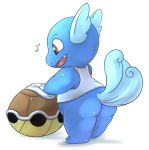  anthro bottomless butt clothed clothing cute_fangs lkiws musical_note nintendo open_mouth pok&eacute;mon pok&eacute;mon_(species) shell simple_background solo tongue video_games wartortle white_background 