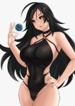  1girl ahoge aori_sora bangs bare_shoulders black_hair black_sclera black_swimsuit blackhole-chan blush breasts covered_navel cowboy_shot curvy earth hair_between_eyes hand_on_hip highres large_breasts long_hair looking_at_viewer m87_black_hole mole mole_under_mouth o-ring o-ring_swimsuit one-piece_swimsuit open_mouth orange_eyes original personification planet solo swimsuit very_long_hair white_background 