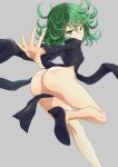  1girl ass black_dress breasts butt_crack curly_hair dress full_body green_eyes green_hair half-closed_eyes high_heels huge_ass leg_up legs long_sleeves looking_at_viewer looking_back no_panties nopan one-punch_man ossannoa outstretched_arm pelvic_curtain short_hair small_breasts solo tatsumaki 