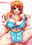  1girl bare_arms bare_shoulders blue_dress breasts brown_eyes cleavage dress huge_breasts japanese_clothes kimono long_hair nami_(one_piece) one_piece ponytail sevie smile squatting tattoo 