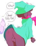  1boy ass bent_over blush bottomless civibes deltarune disembodied_hands from_behind furry glasses hat horns male_focus perineum ralsei robe scarf spanked speech_bubble surprised testicles uncensored white_background witch_hat 