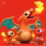  1:1 3_fingers 3_toes 3d_(artwork) ambiguous_gender blue_eyes charizard charmander charmeleon crossed_arms digital_media_(artwork) fire front_view full-length_portrait green_eyes henry_vargas hi_res looking_aside membranous_wings nintendo open_mouth orange_scales pink_tongue pok&eacute;mon pok&eacute;mon_(species) portrait red_background red_scales red_theme scales simple_background size_difference toes tongue video_games wings 